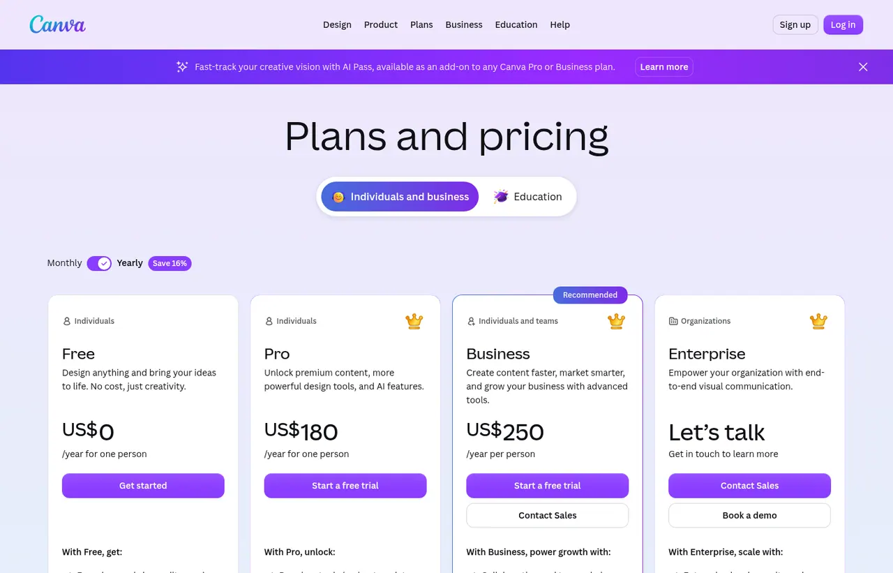 Canva pricing page, showing the published plans and prices recorded on this page
