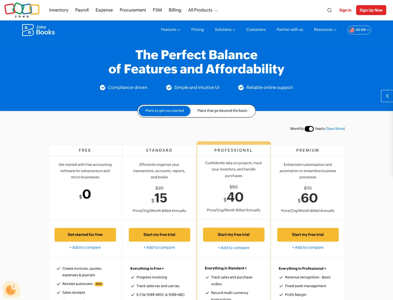 Zoho Books pricing page, showing the published plans and prices recorded on this page