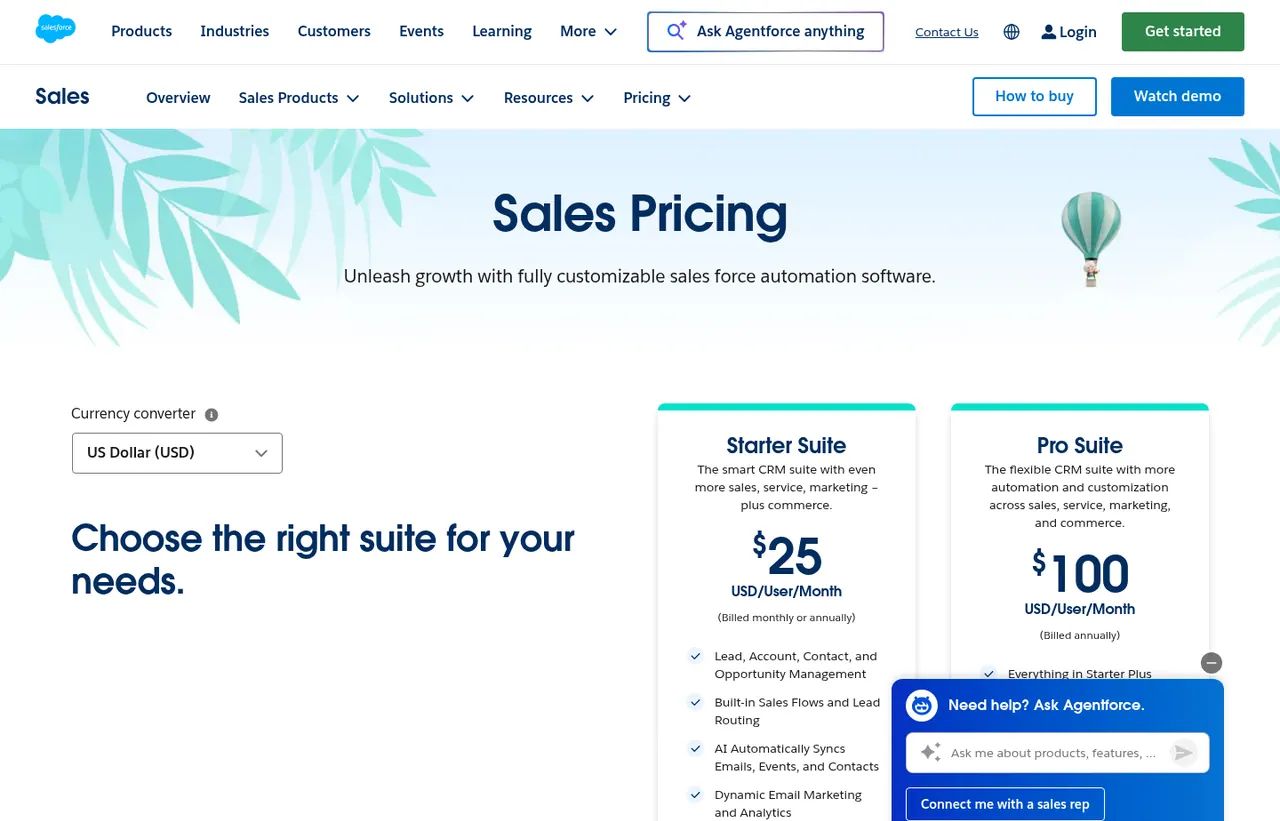 Salesforce pricing page, showing the published plans and prices recorded on this page
