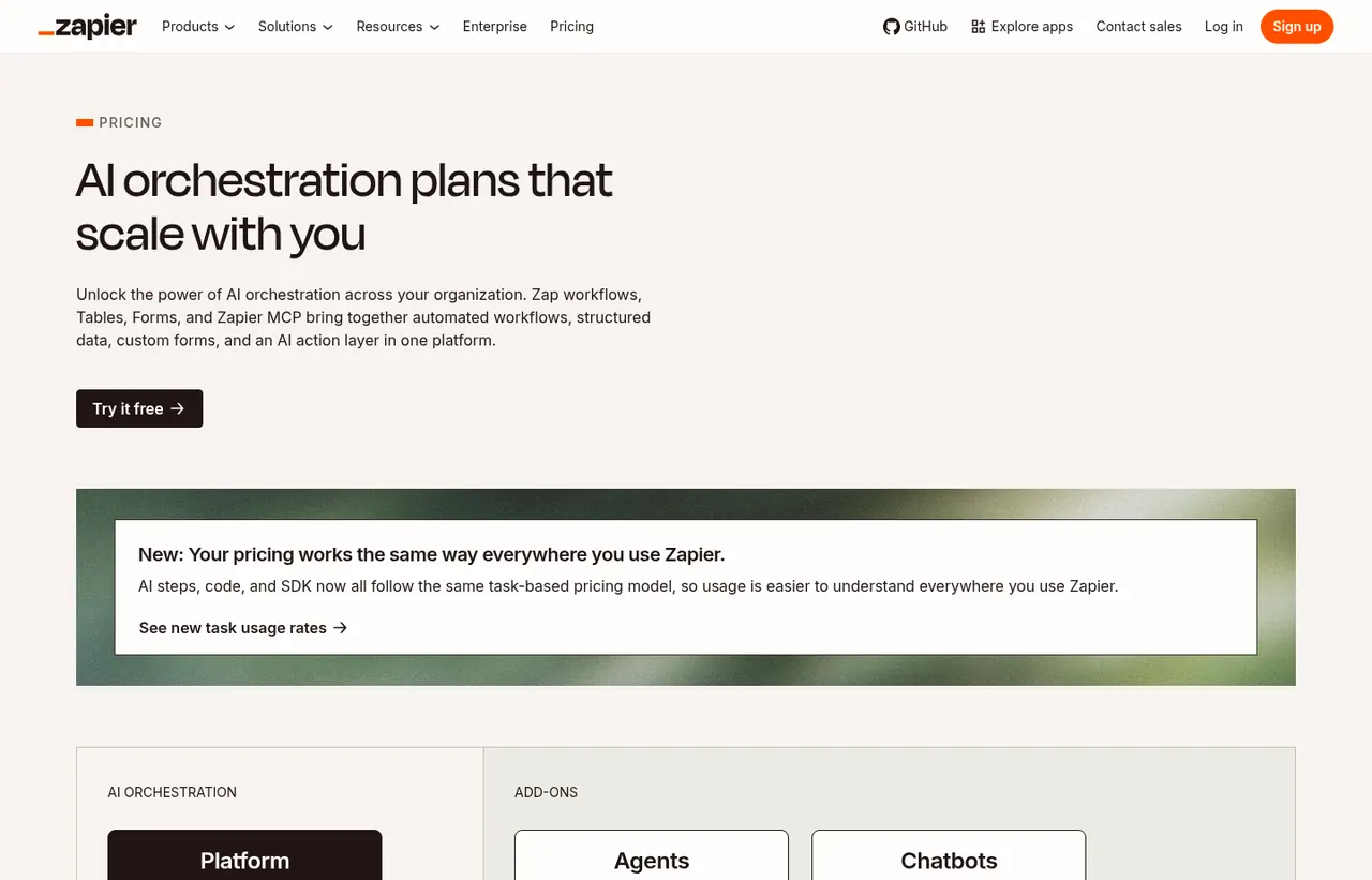 Zapier pricing page, showing the published plans and prices recorded on this page