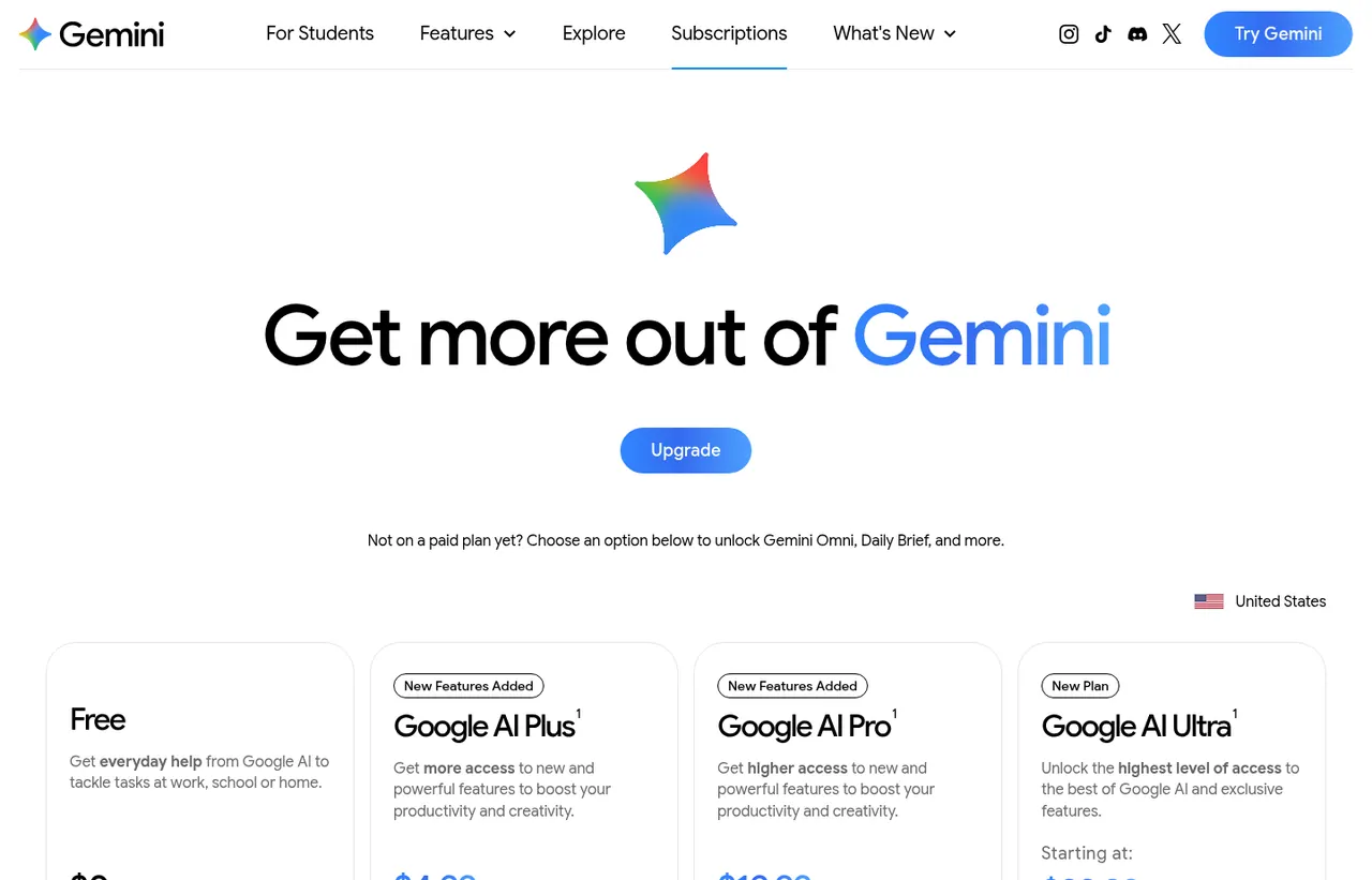 Google Gemini pricing page, showing the published plans and prices recorded on this page