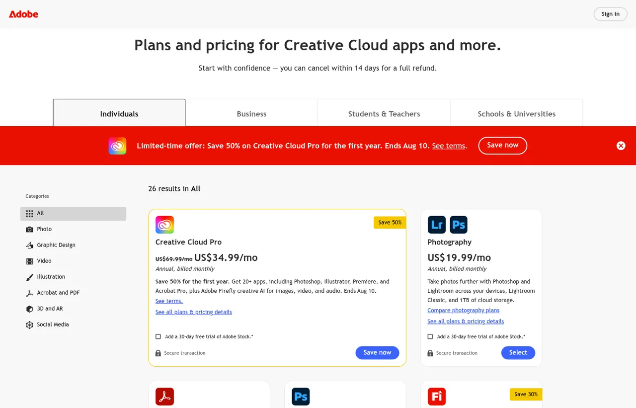 Adobe Creative Cloud pricing page, showing the published plans and prices recorded on this page