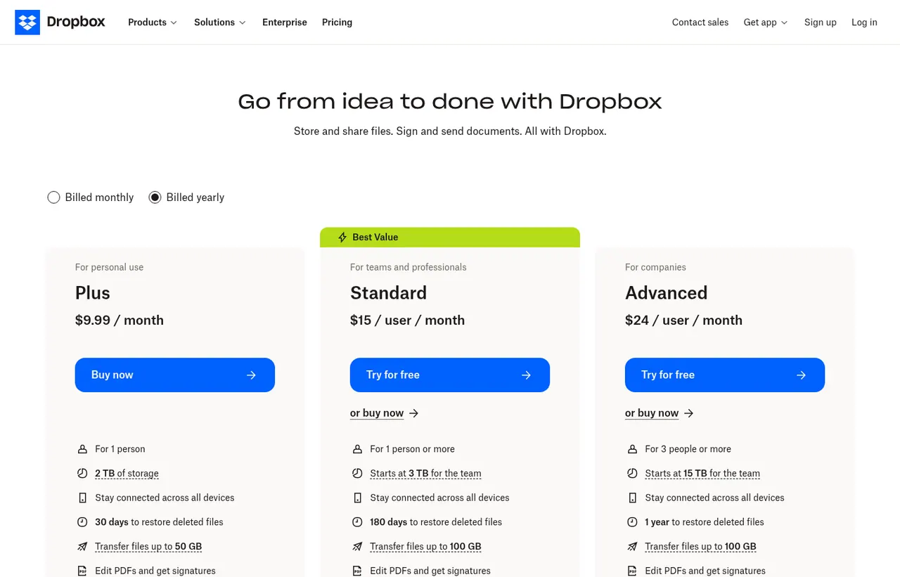 Dropbox pricing page, showing the published plans and prices recorded on this page