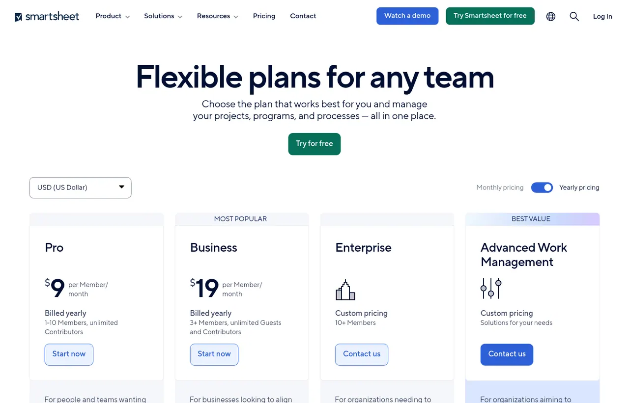 Smartsheet pricing page, showing the published plans and prices recorded on this page