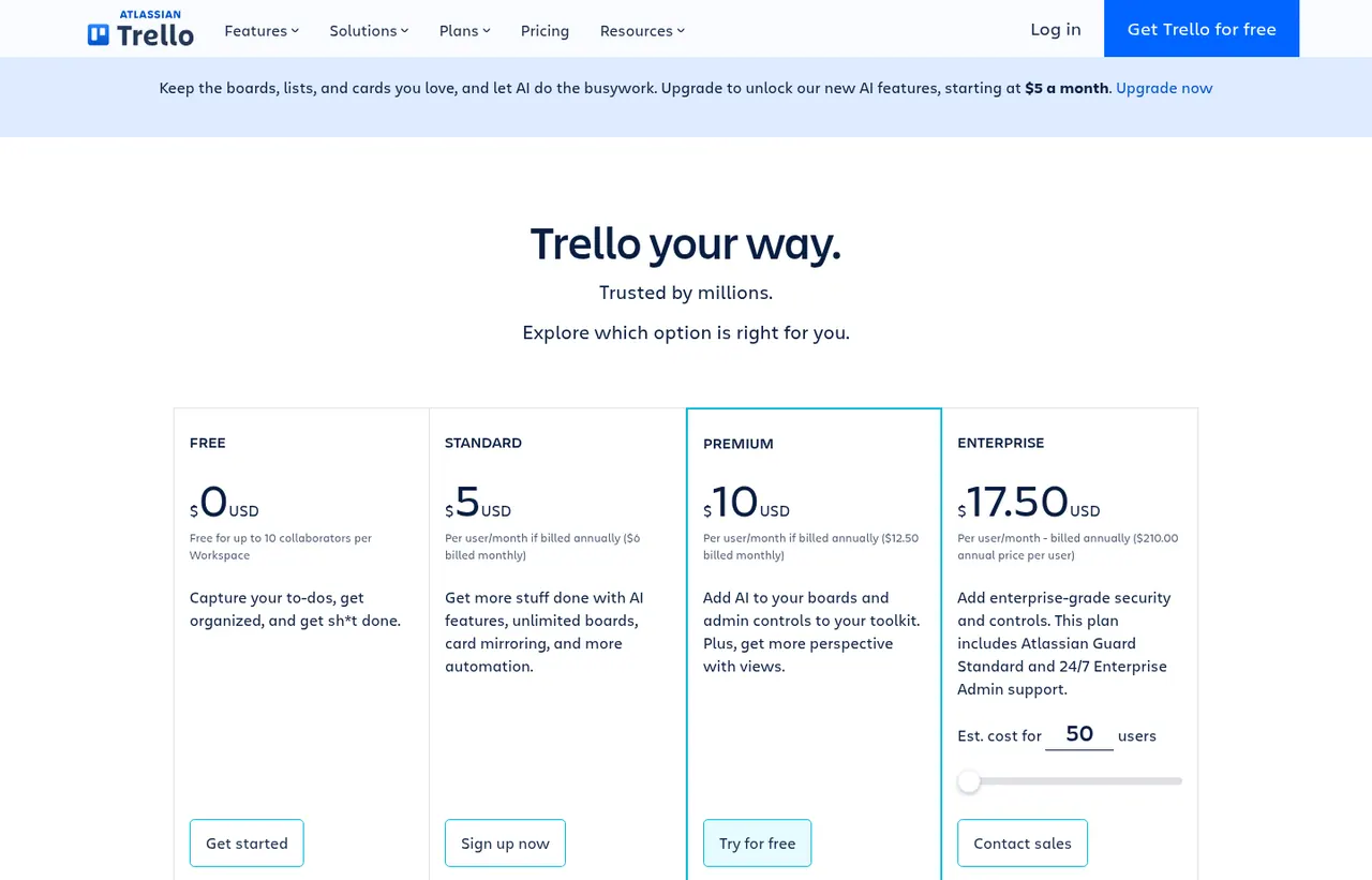 Trello pricing page, showing the published plans and prices recorded on this page