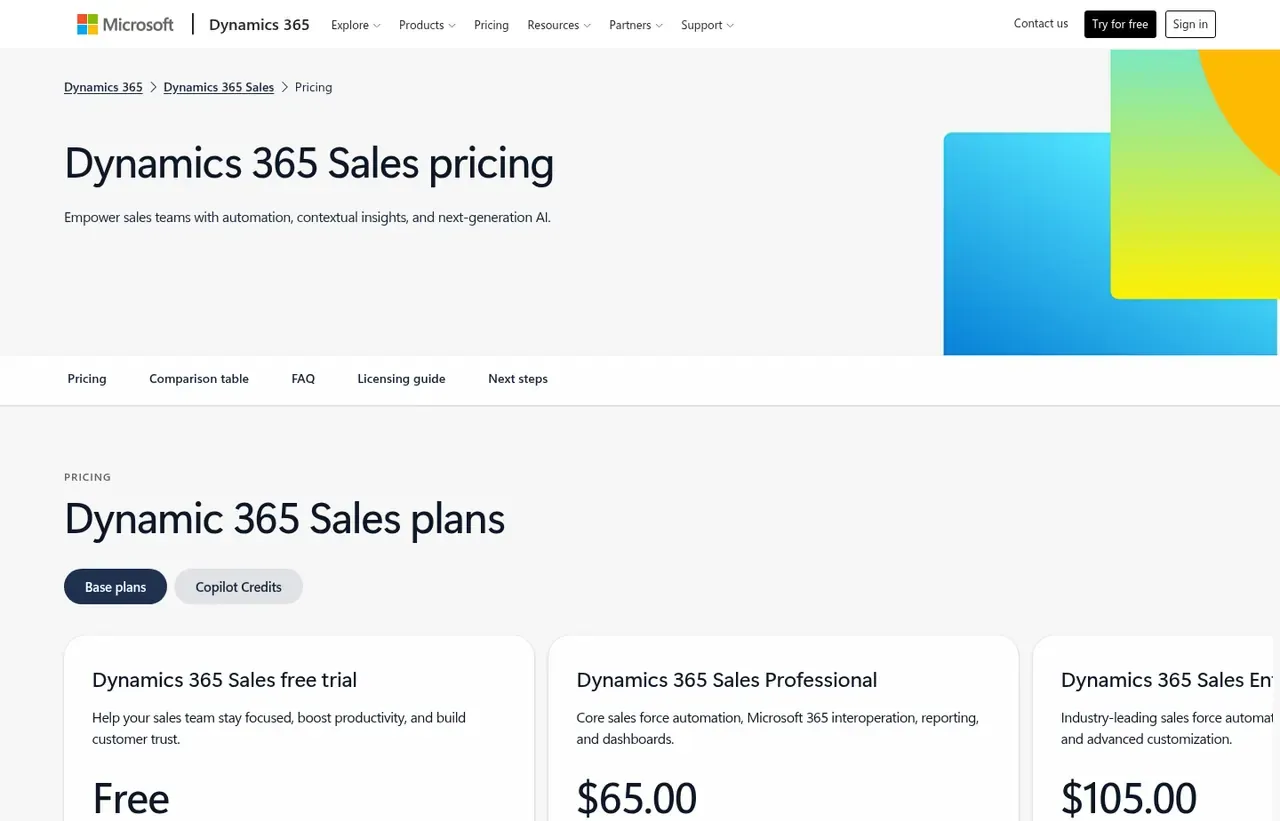 Dynamics 365 Sales pricing page, showing the CRM cost per user for each of the three published plans
