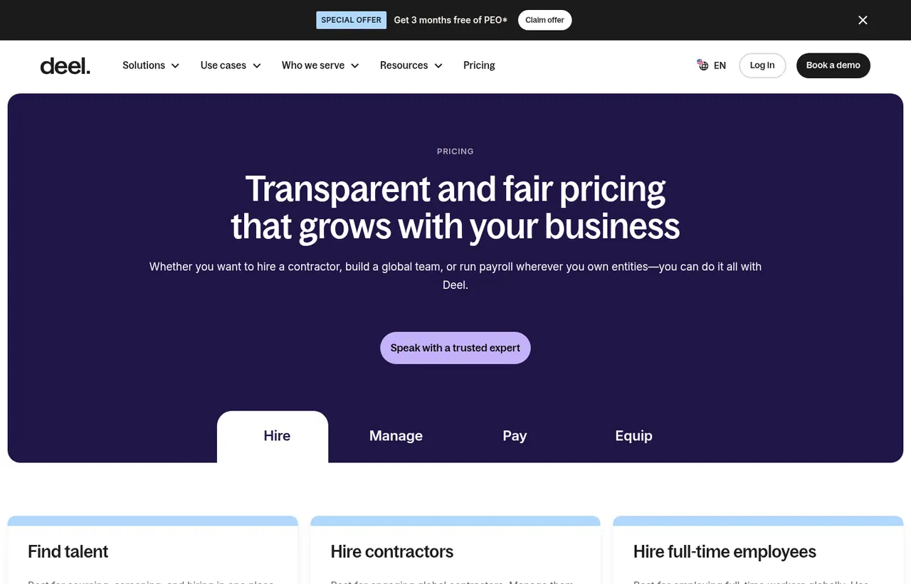 Deel pricing page, showing the published plans and prices recorded on this page