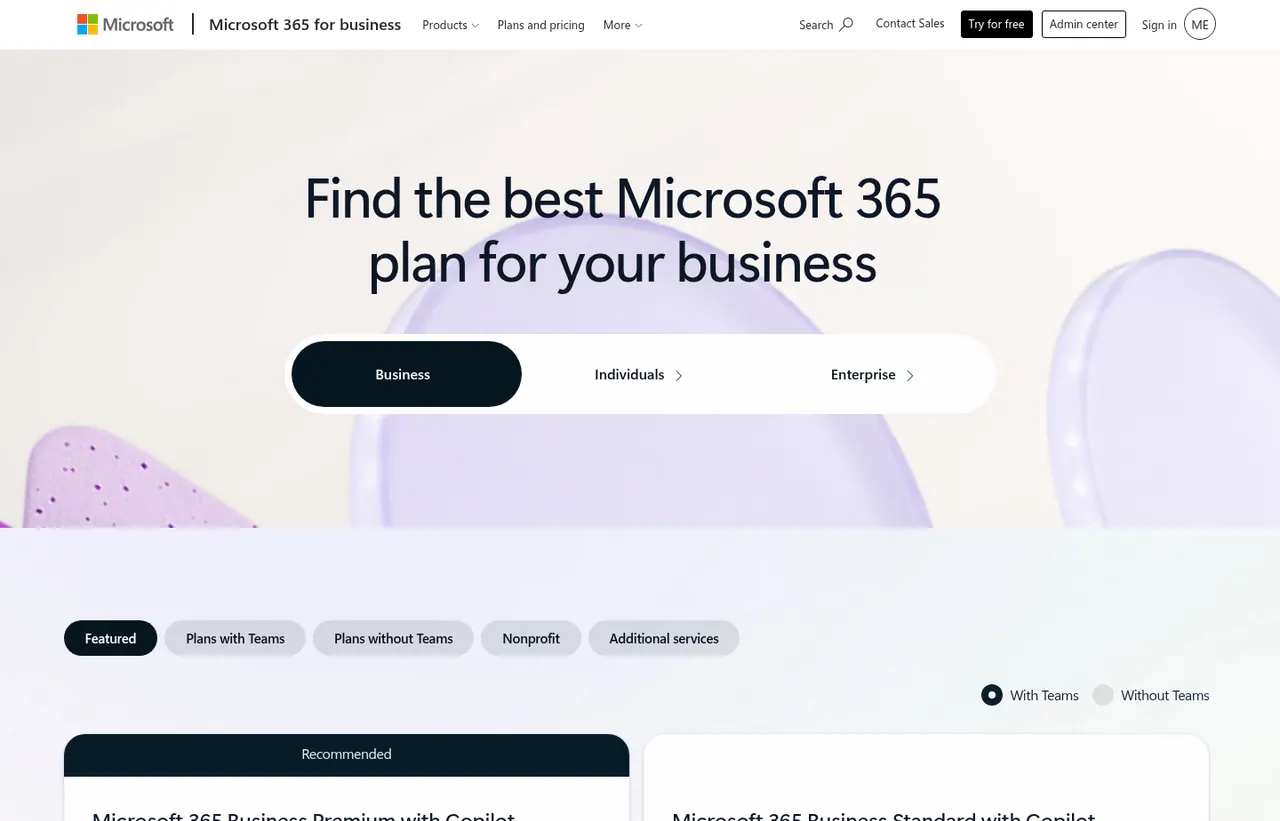 Microsoft 365 pricing page, showing the published plans and prices recorded on this page