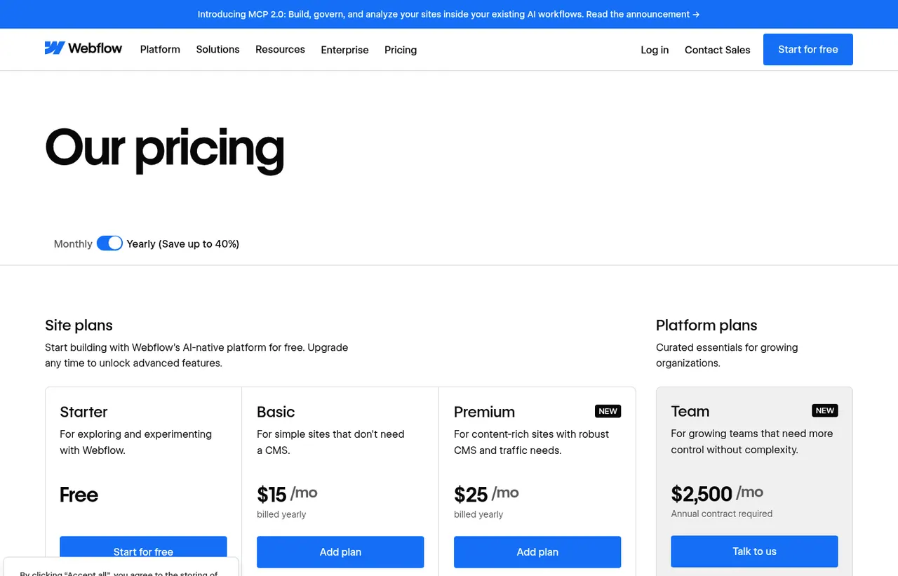 Webflow pricing page, showing the published plans and prices recorded on this page