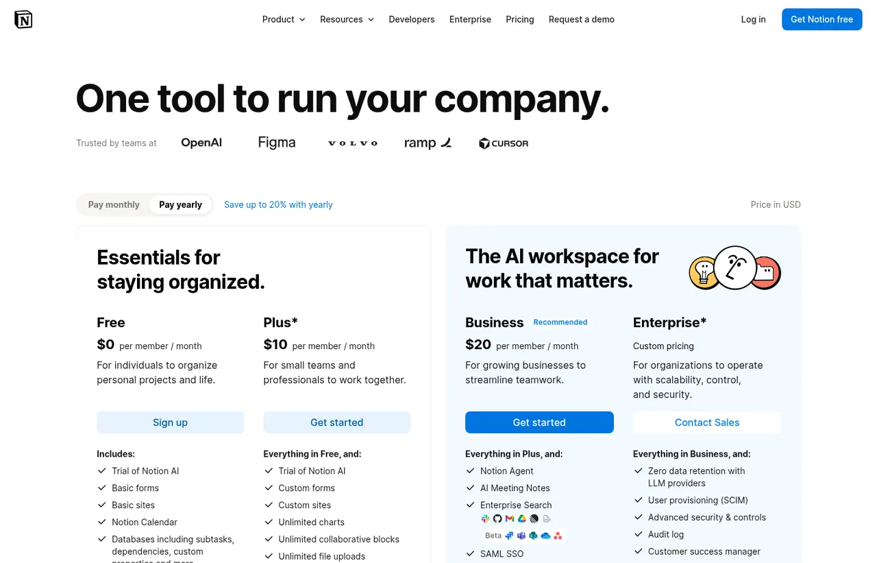 Notion pricing page, showing the published plans and prices recorded on this page