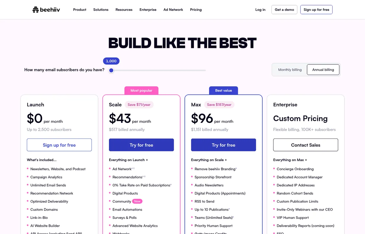 beehiiv pricing page, showing the published plans and prices recorded on this page