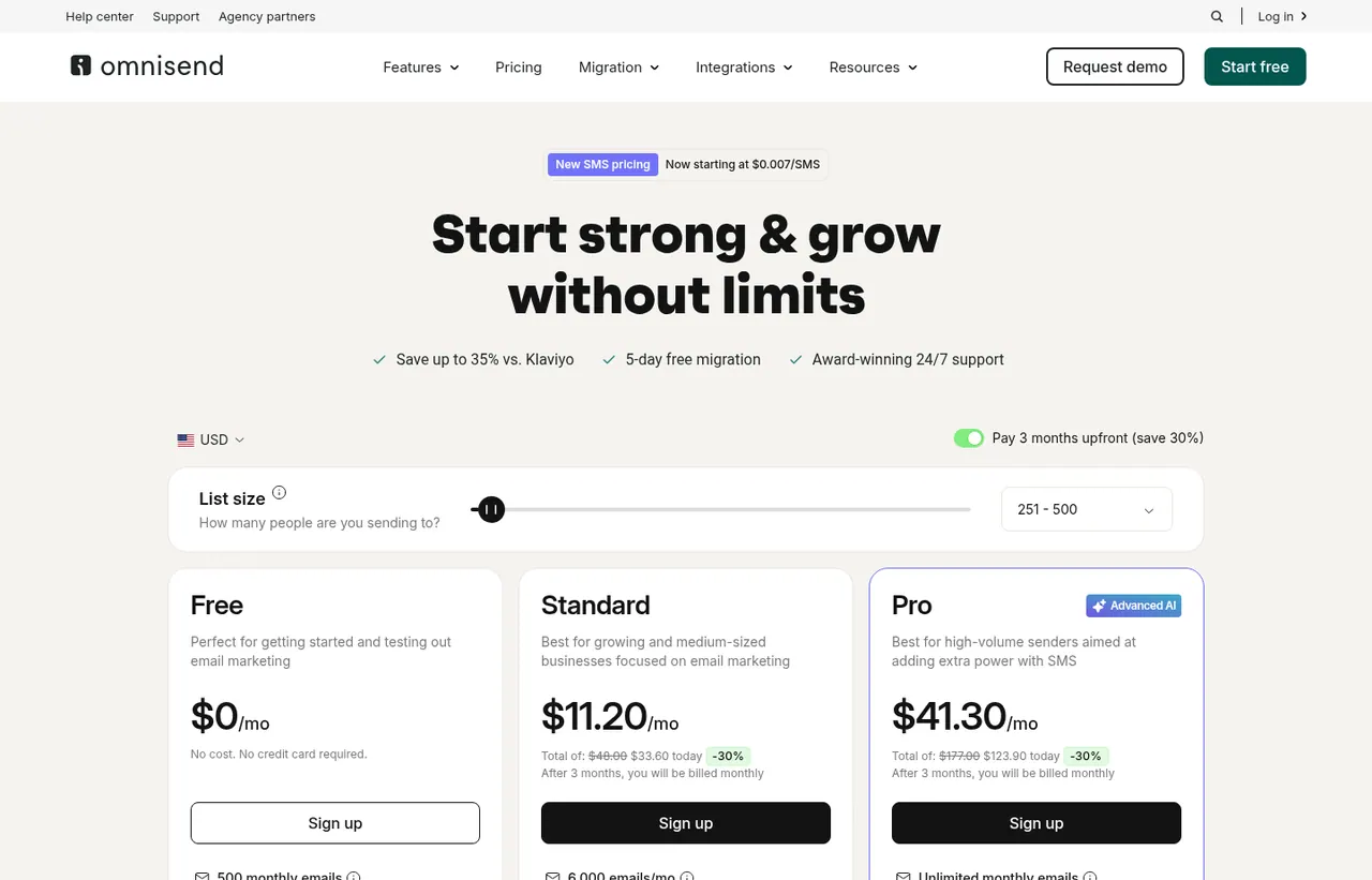 Omnisend pricing page, showing the published plans and prices recorded on this page