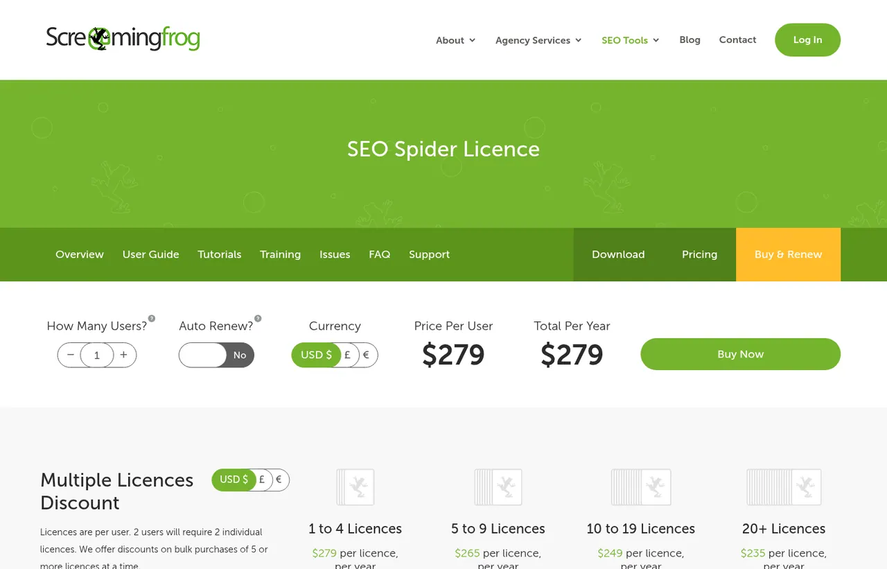 Screaming Frog SEO Spider pricing page, showing the published plans and prices recorded on this page