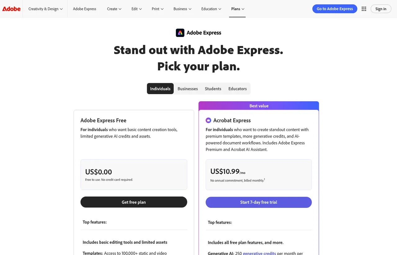 Adobe Express pricing page, showing the published plans and prices recorded on this page