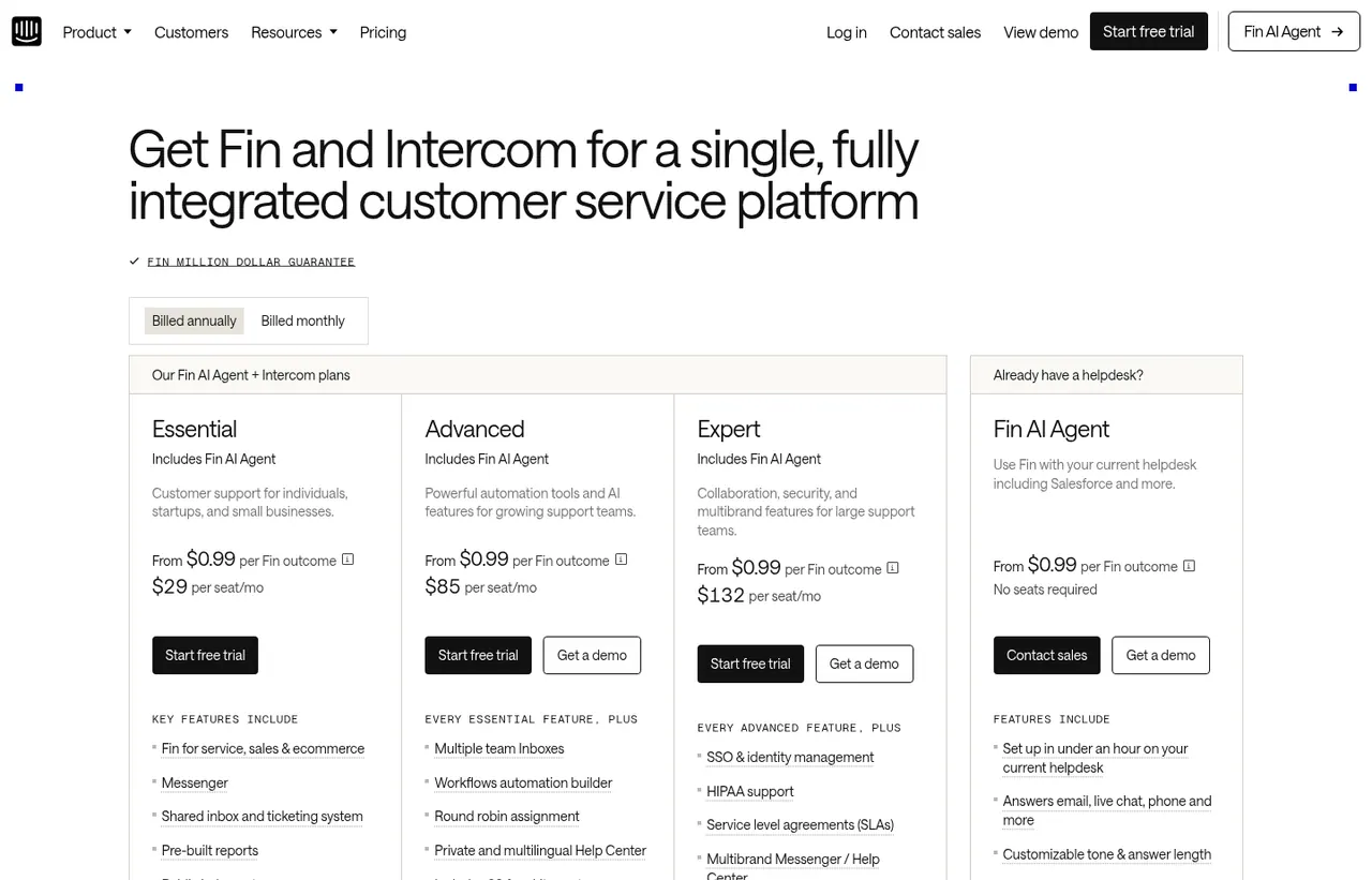 Intercom pricing page, showing the published plans and prices recorded on this page