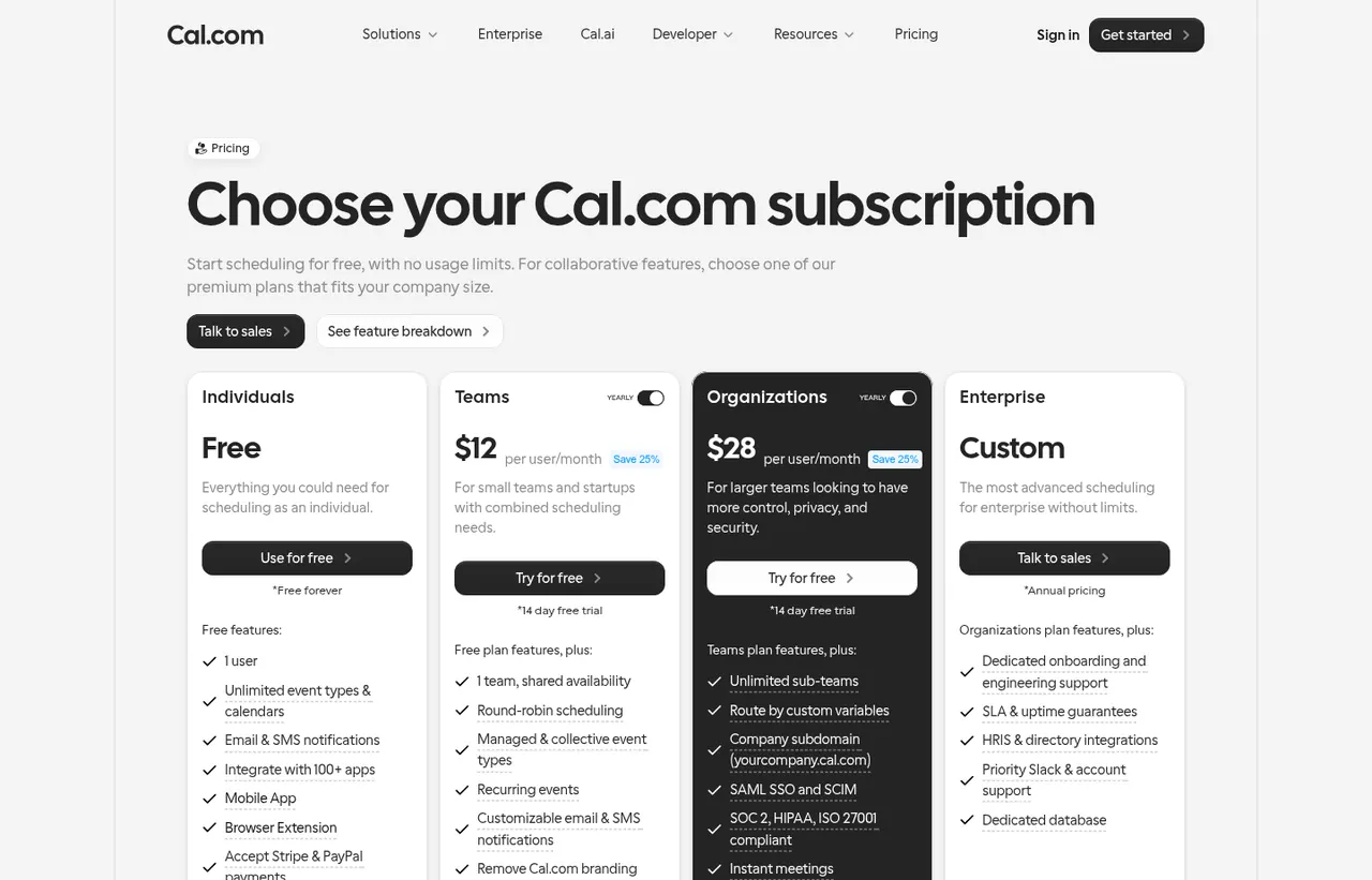 Cal.com pricing page, showing the published plans and prices recorded on this page