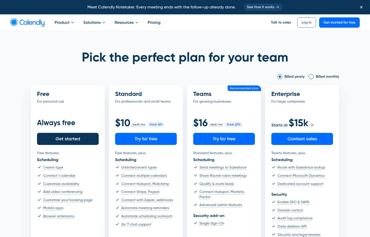 Calendly pricing page, showing the published plans and prices recorded on this page