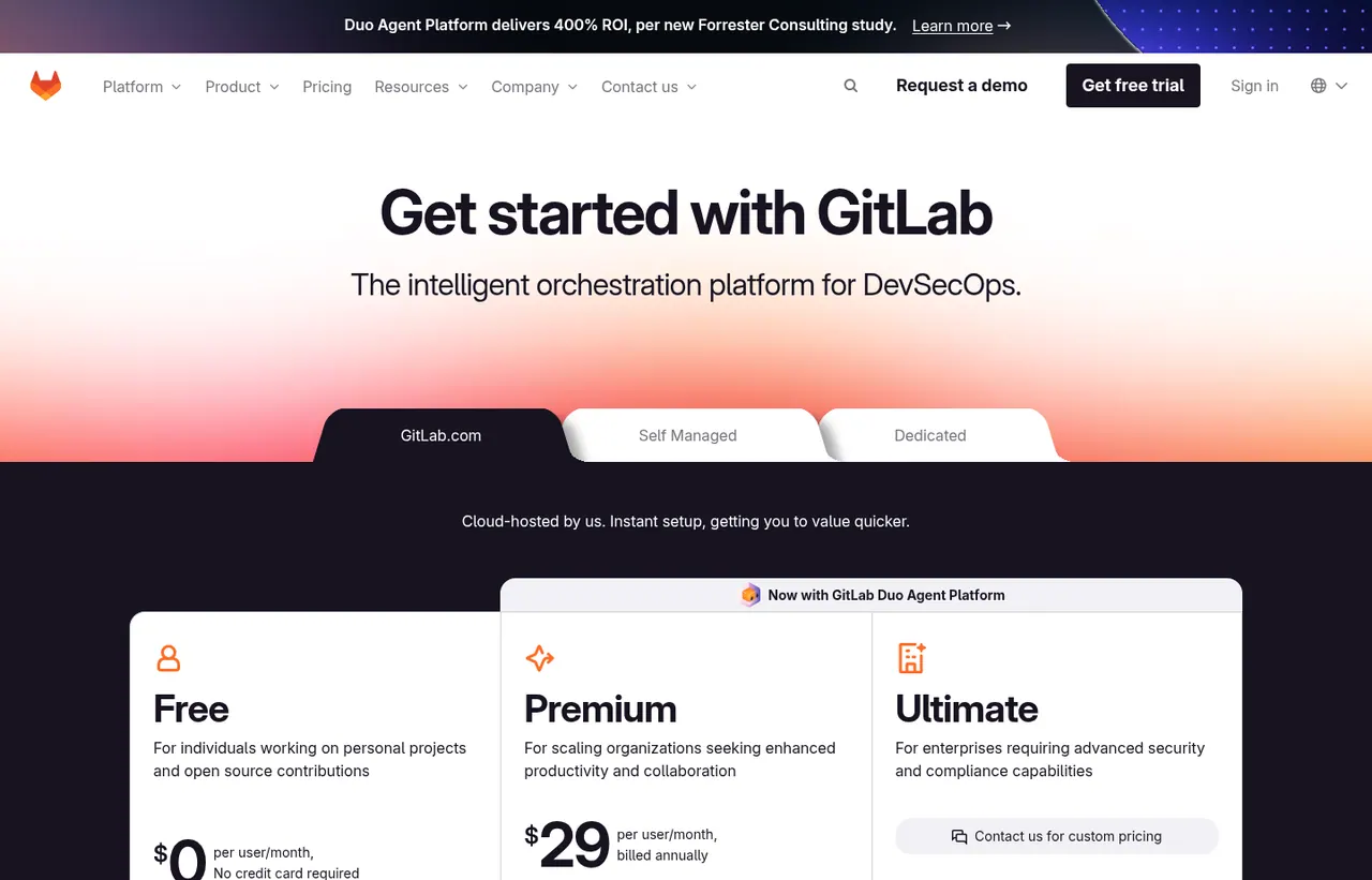GitLab pricing page, showing the published plans and prices recorded on this page