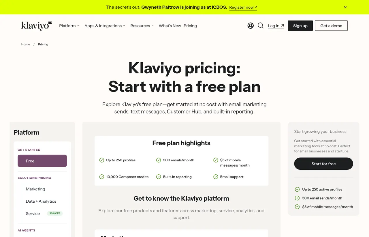 Klaviyo pricing page, showing the published plans and prices recorded on this page