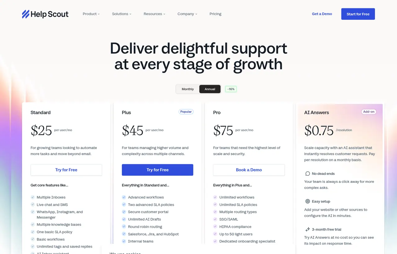 Help Scout pricing page, showing the published plans and prices recorded on this page