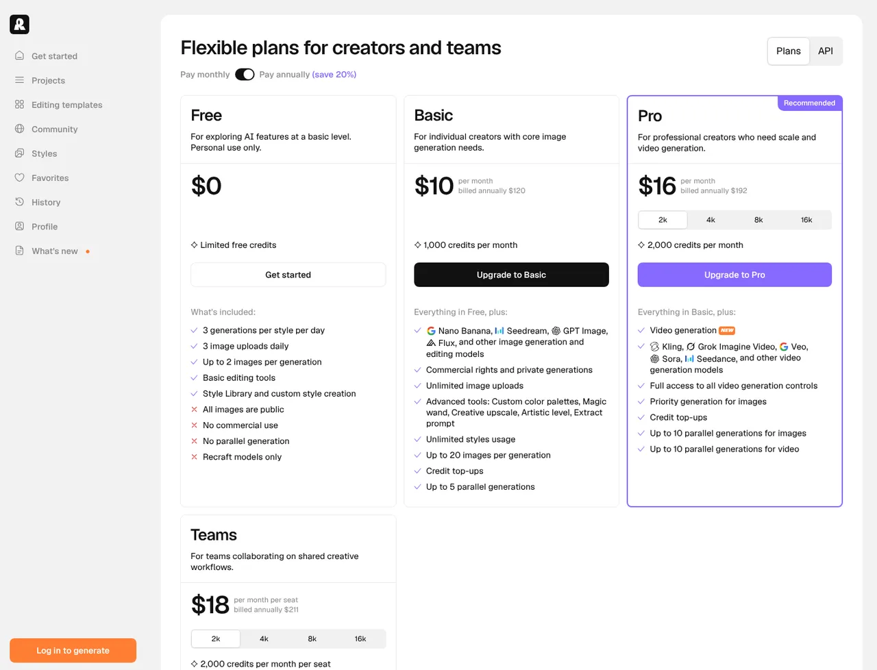 Recraft pricing page, showing the published plans and prices recorded on this page