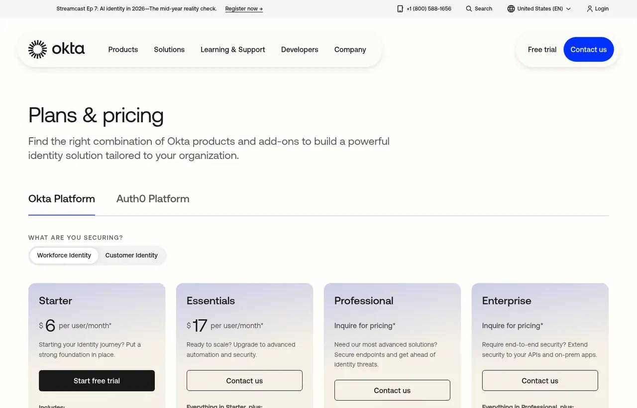 Okta pricing page, showing the published plans and prices recorded on this page