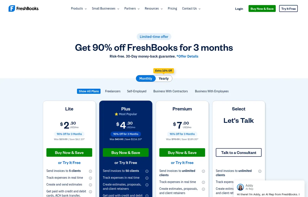 FreshBooks pricing page, showing the published plans and prices recorded on this page