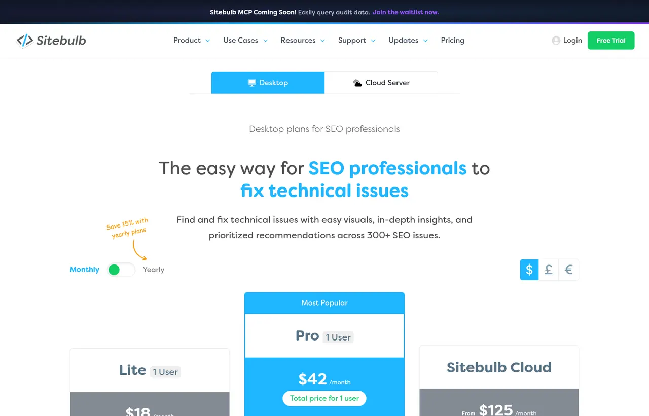 Sitebulb pricing page, showing the published plans and prices recorded on this page