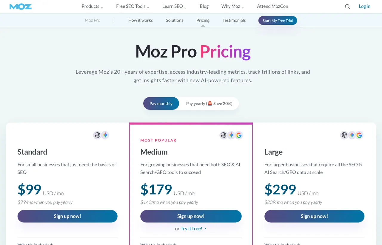 Moz Pro pricing page, showing the published plans and prices recorded on this page