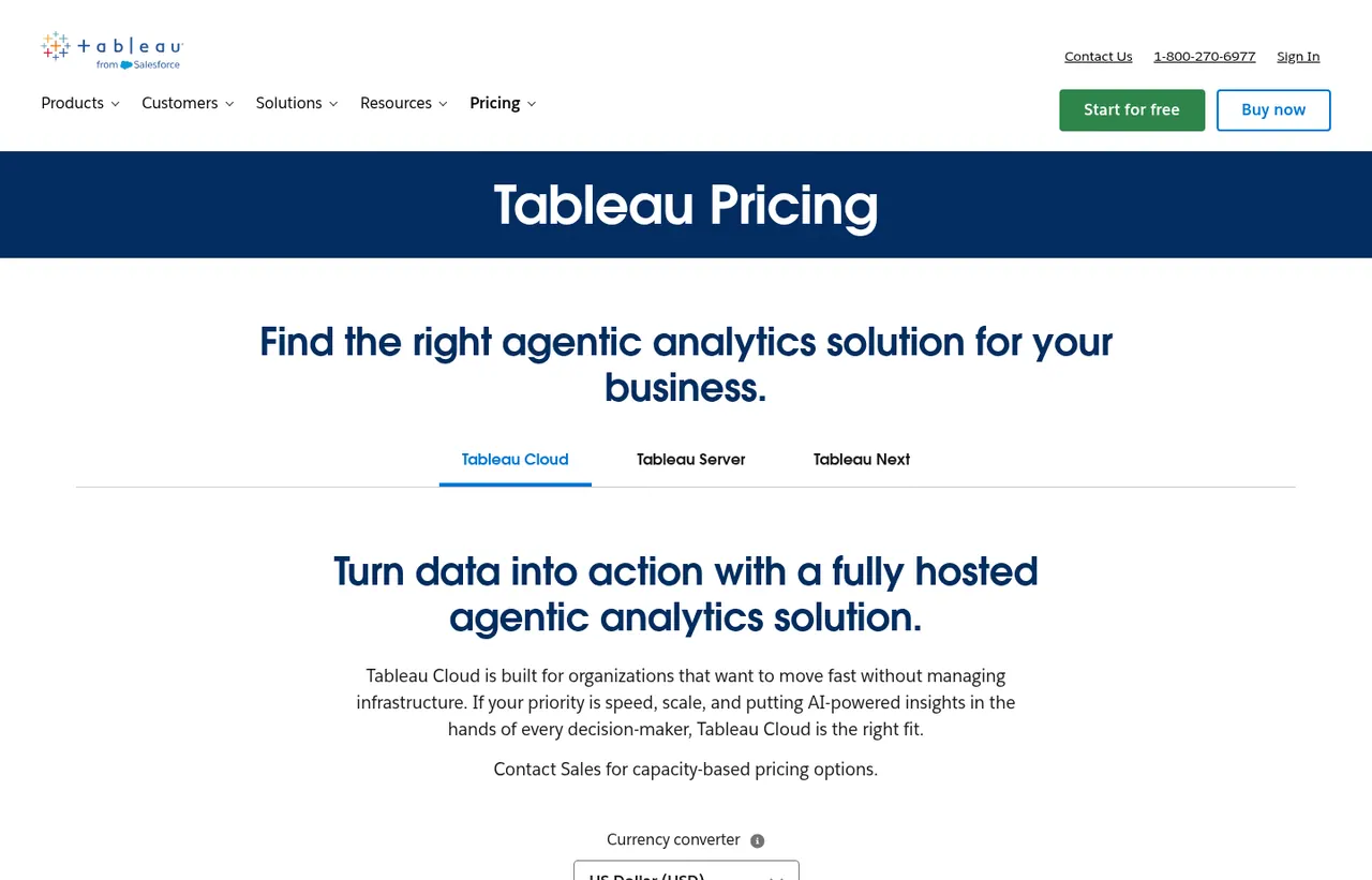Tableau pricing page, showing the published plans and prices recorded on this page