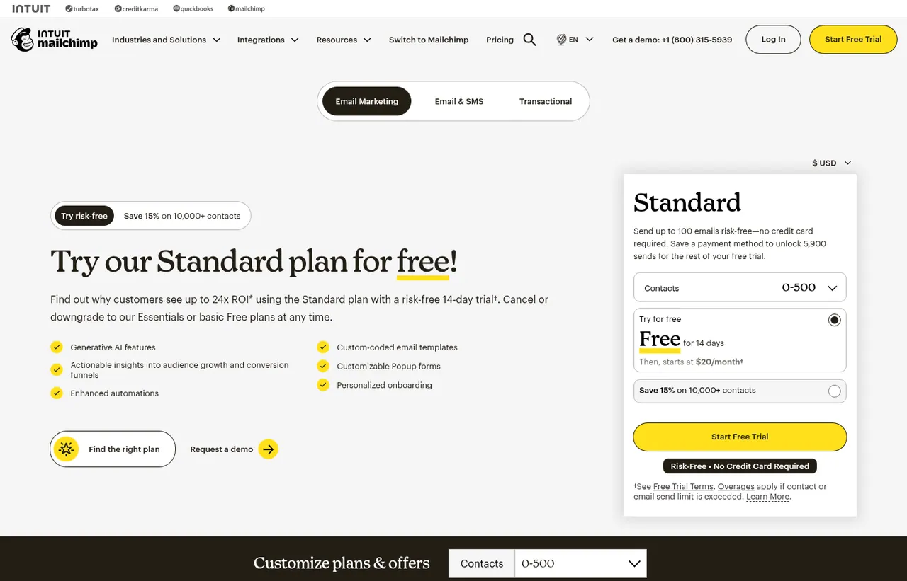 Mailchimp pricing page, showing the published plans and prices recorded on this page