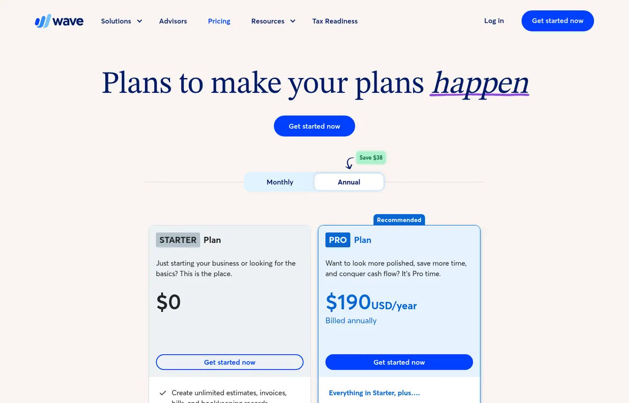Wave pricing page, showing the published plans and prices recorded on this page