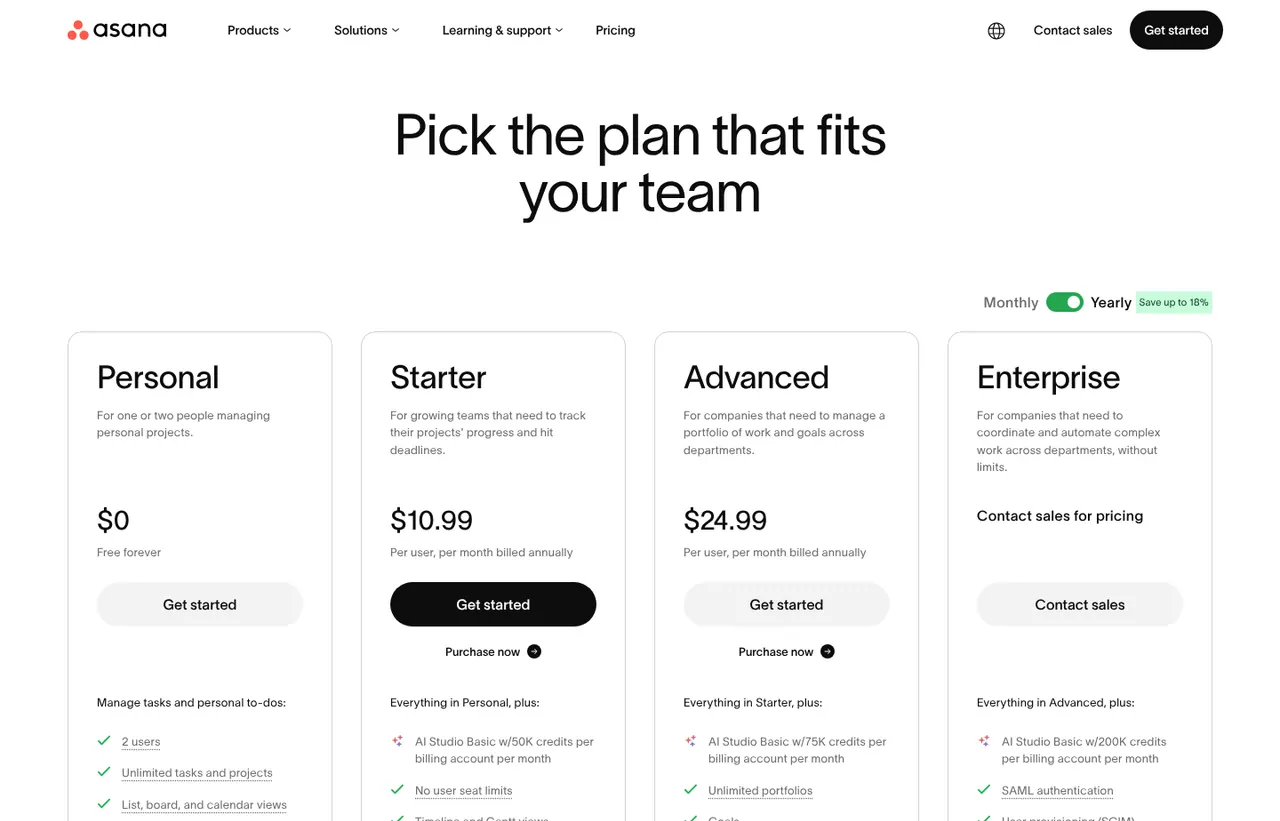 Asana pricing page, showing the published plans and prices recorded on this page