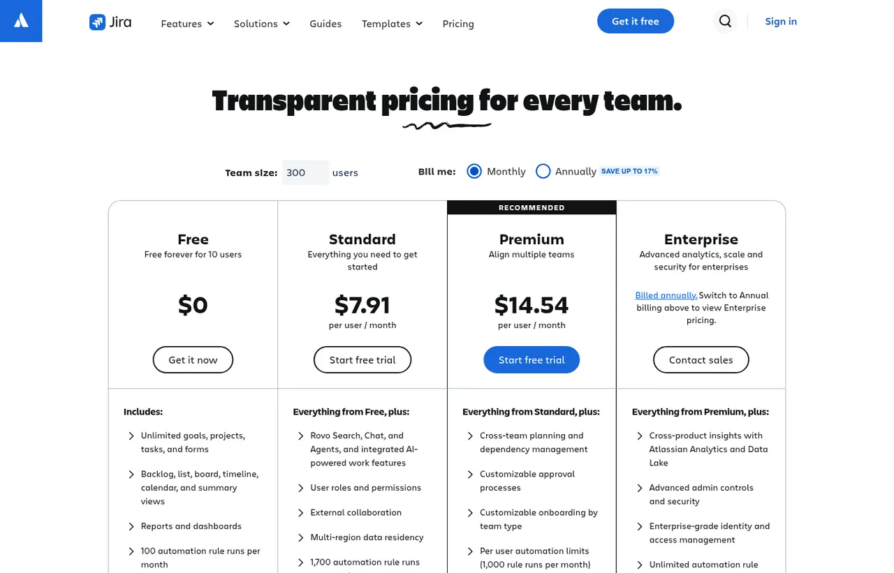 Jira pricing page, showing the published plans and prices recorded on this page