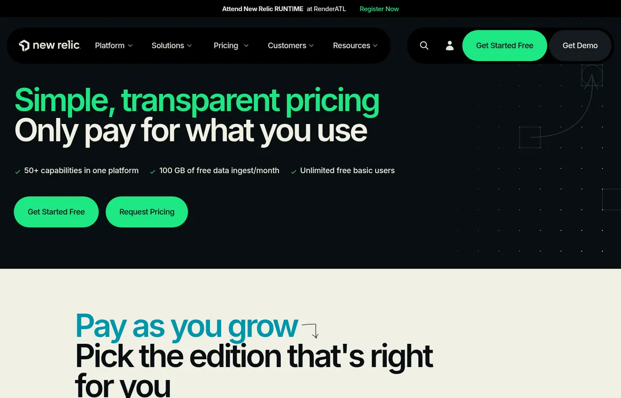 New Relic pricing page, showing the published plans and prices recorded on this page