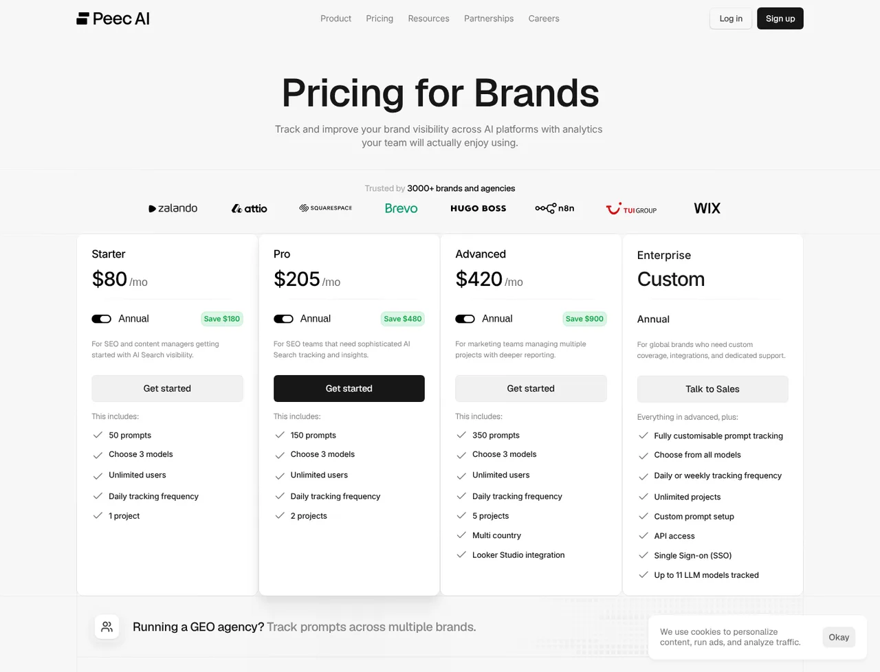 Peec AI pricing page, showing the published plans and prices recorded on this page