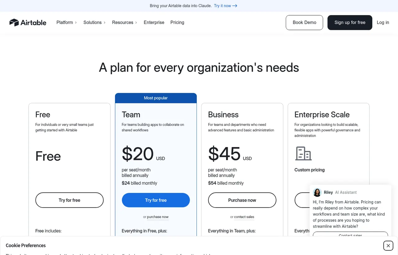 Airtable pricing page, showing the published plans and prices recorded on this page