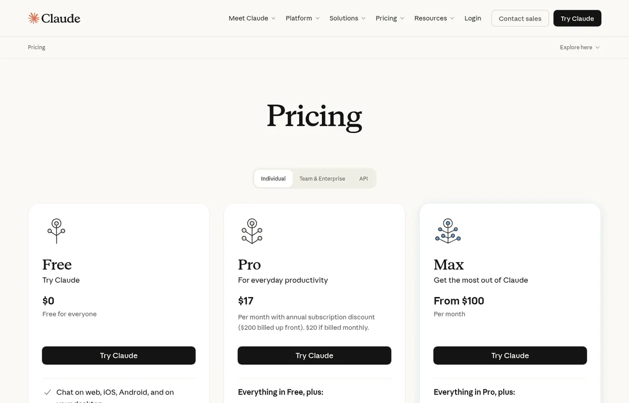Claude pricing page, showing the published plans and prices recorded on this page