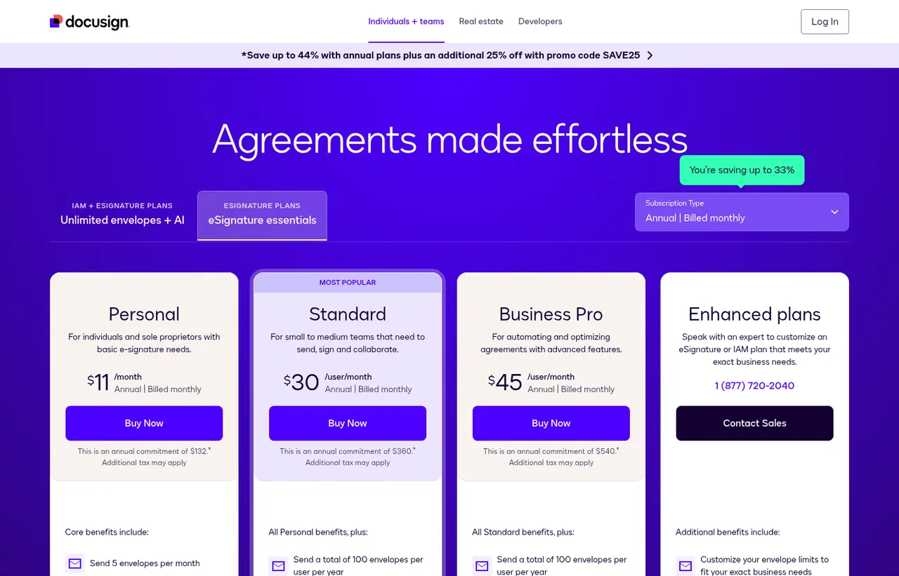 DocuSign pricing page, showing the published plans and prices recorded on this page