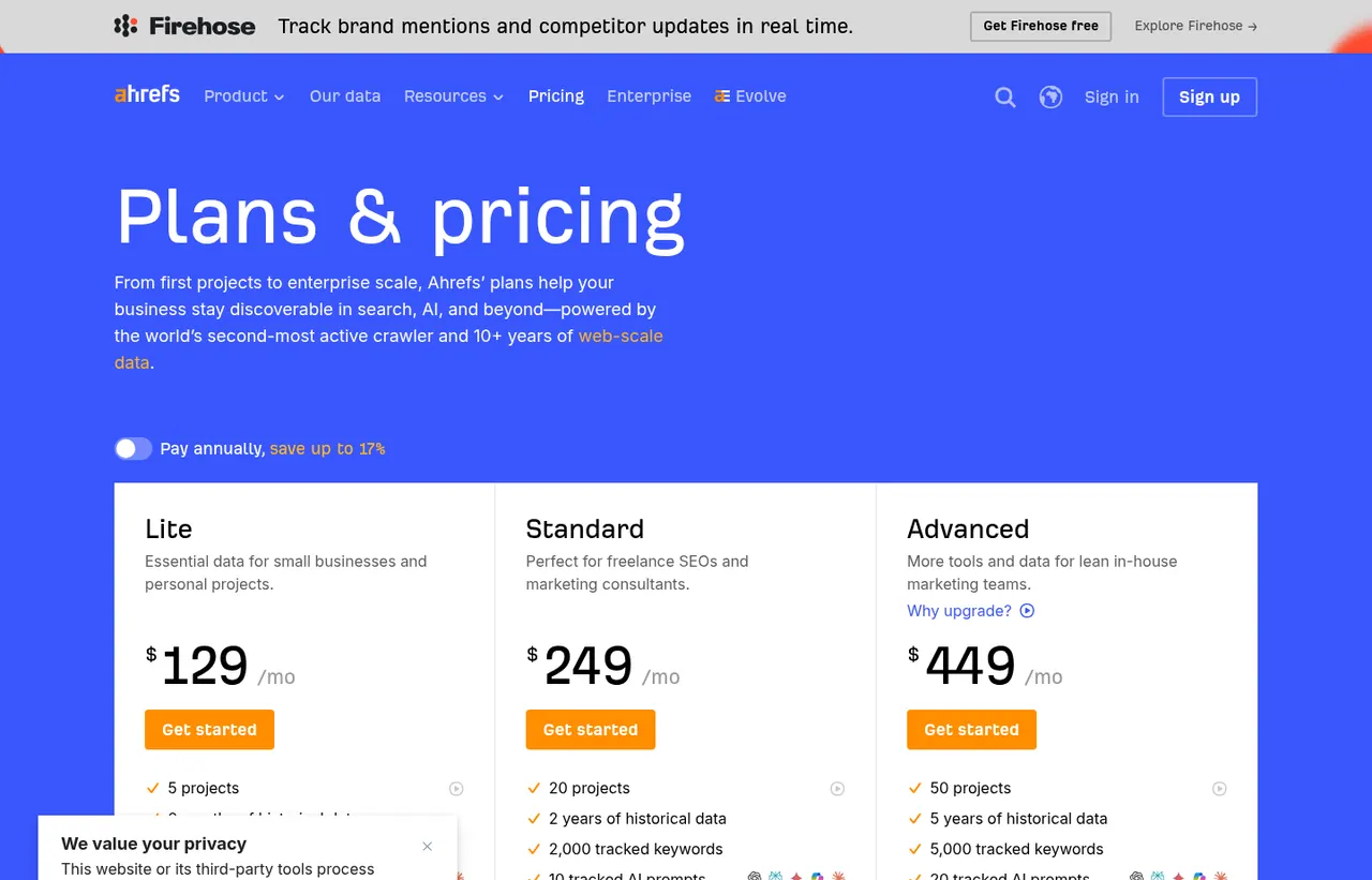 Ahrefs pricing page, showing the published plans and prices recorded on this page