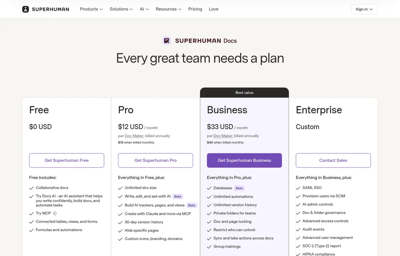 Coda pricing page, showing the published plans and prices recorded on this page