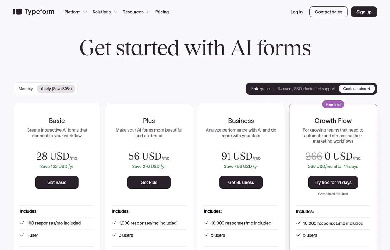 Typeform pricing page, showing the published plans and prices recorded on this page