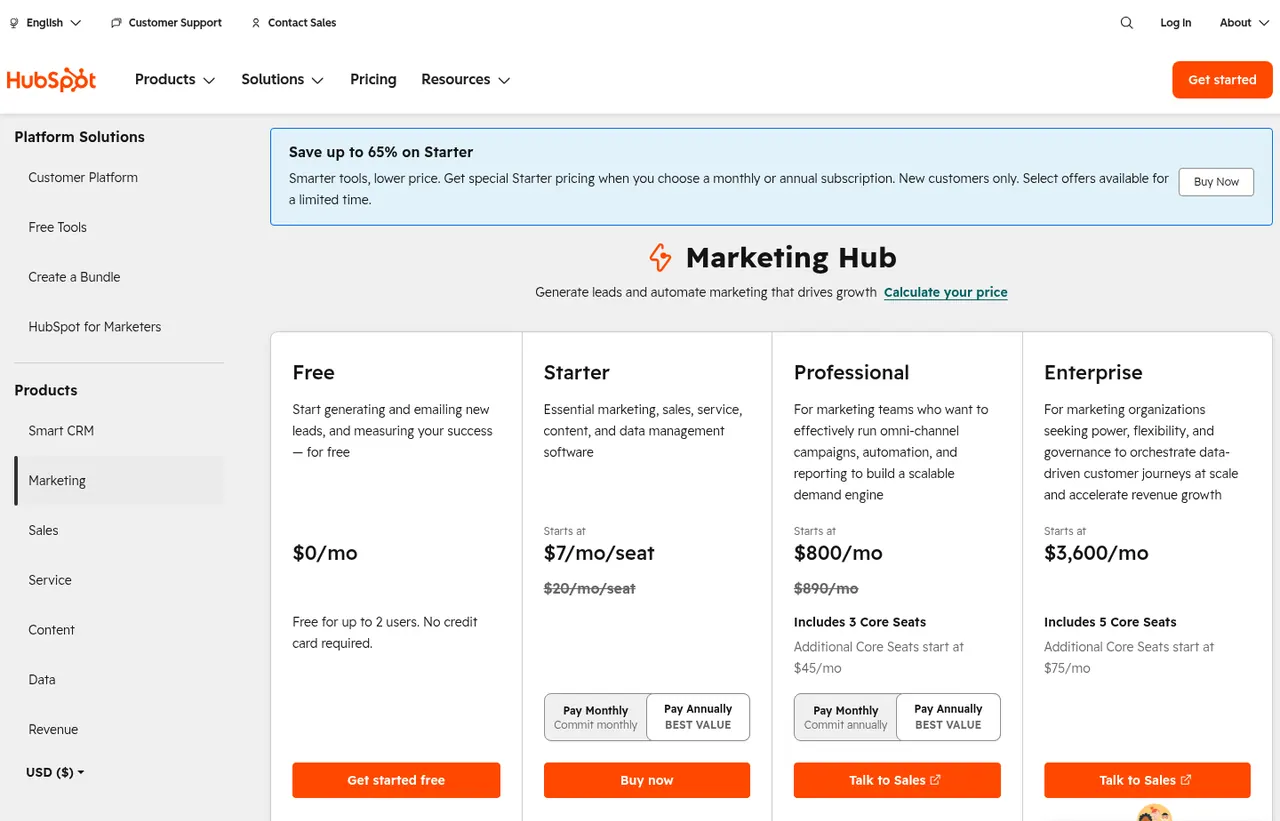 HubSpot pricing page, showing the published plans and prices recorded on this page
