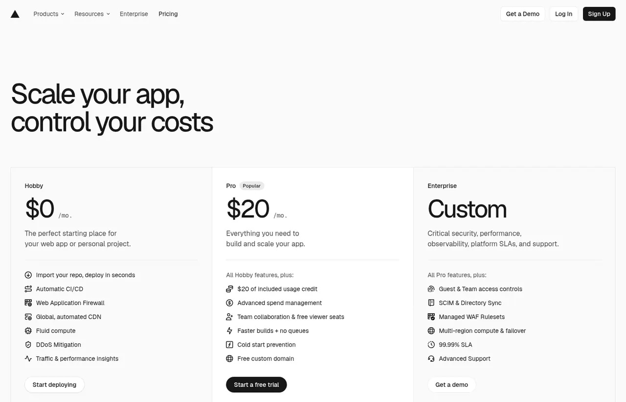 Vercel pricing page, showing the published plans and prices recorded on this page
