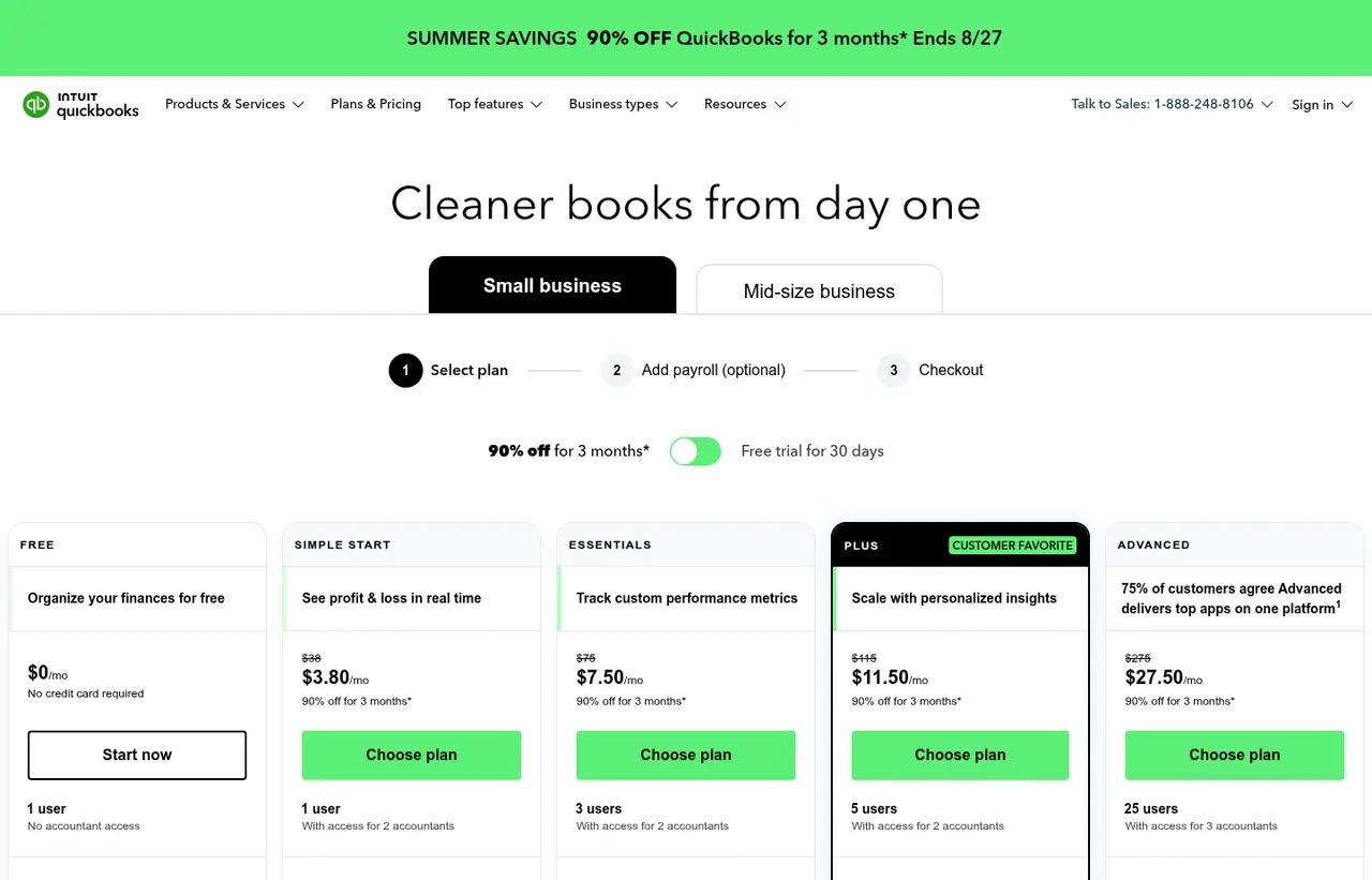QuickBooks Online pricing page, showing the published plans and prices recorded on this page