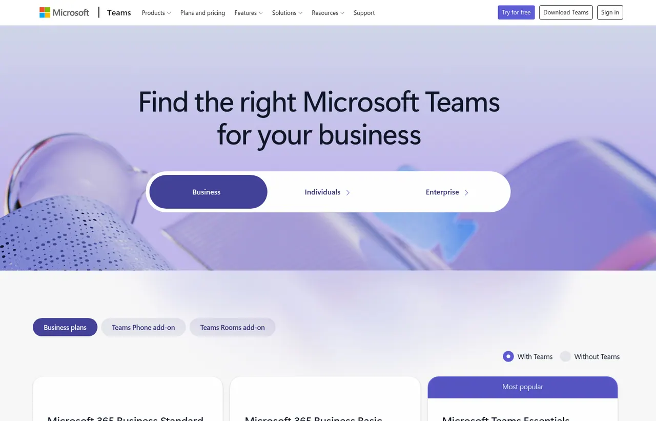 Microsoft Teams pricing page, showing the published plans and prices recorded on this page
