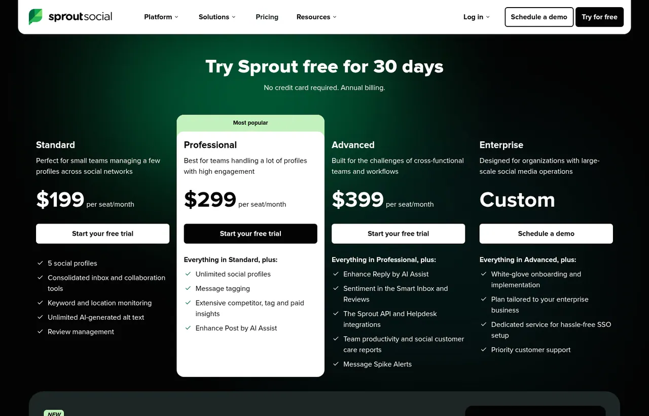 Sprout Social pricing page, showing the published plans and prices recorded on this page