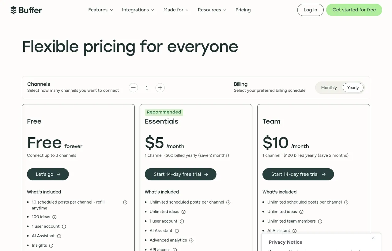 Buffer pricing page, showing the published plans and prices recorded on this page