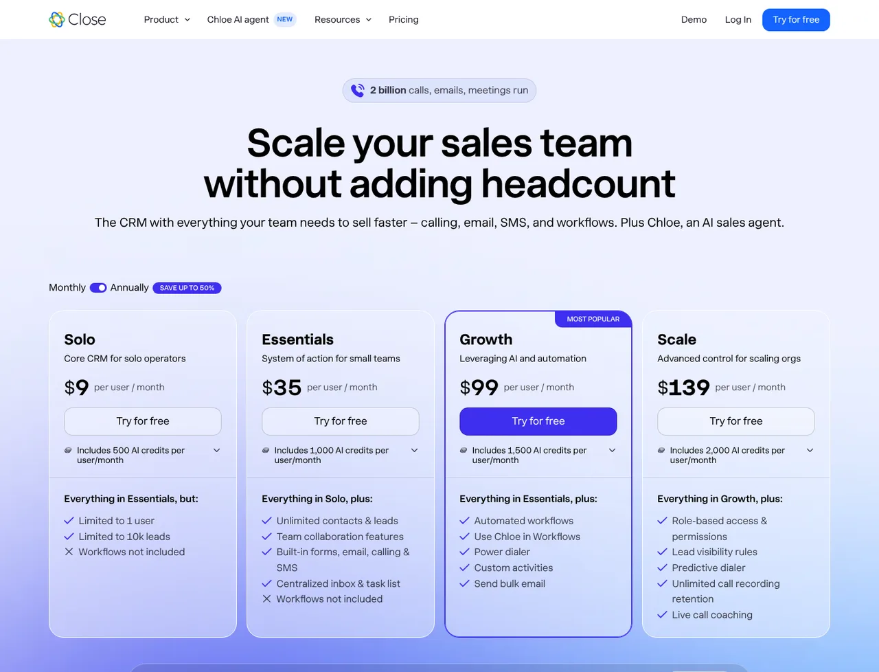 Close pricing page, showing the published plans and prices recorded on this page
