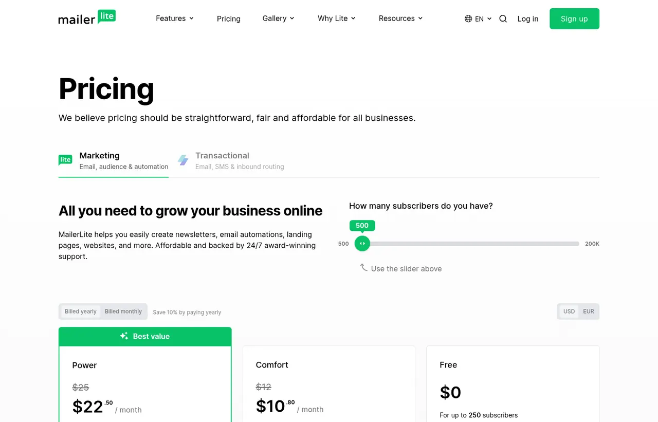 MailerLite pricing page, showing the published plans and prices recorded on this page